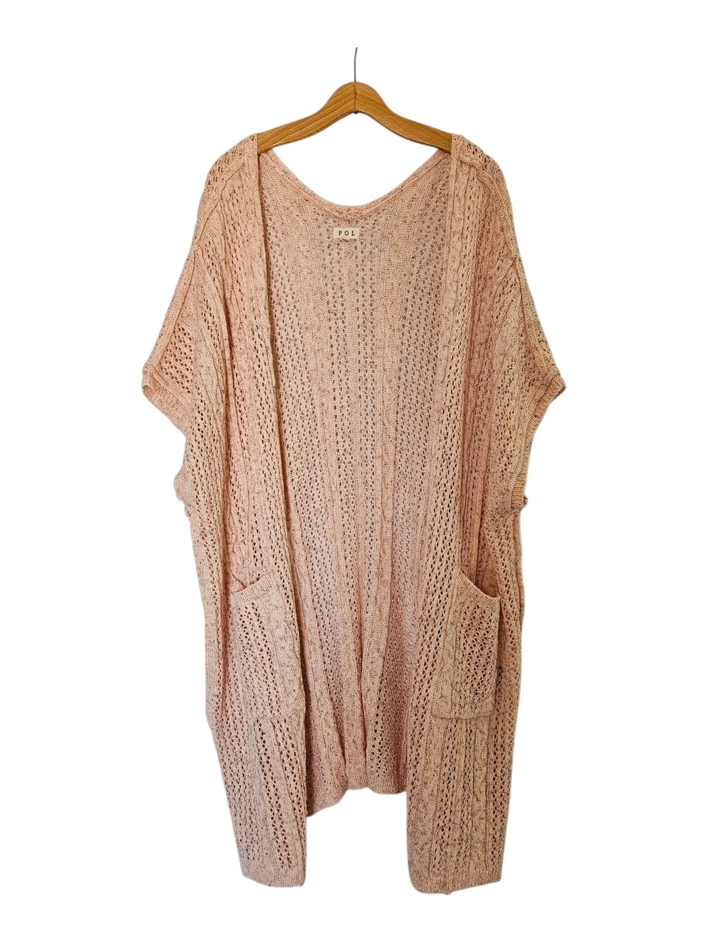 POL Open-Weave Pocket Cardigan Dusty Pink Boho Oversized Crocheted Open Knit Sm